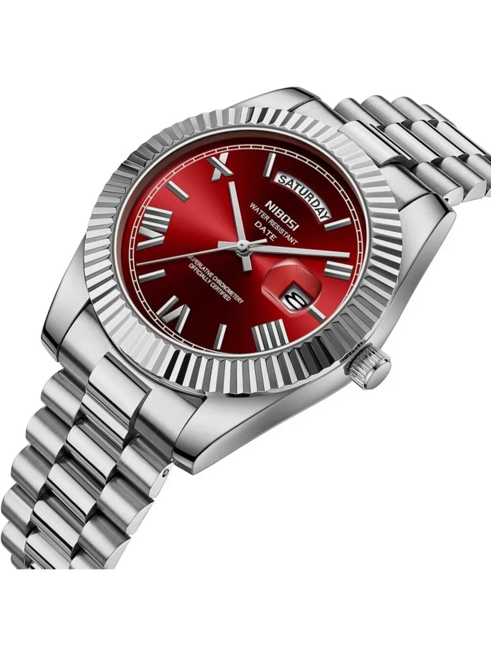Nibosi Men's Silver Red Analog Quartz Stainless Waterproof Desiger Wrist Watch